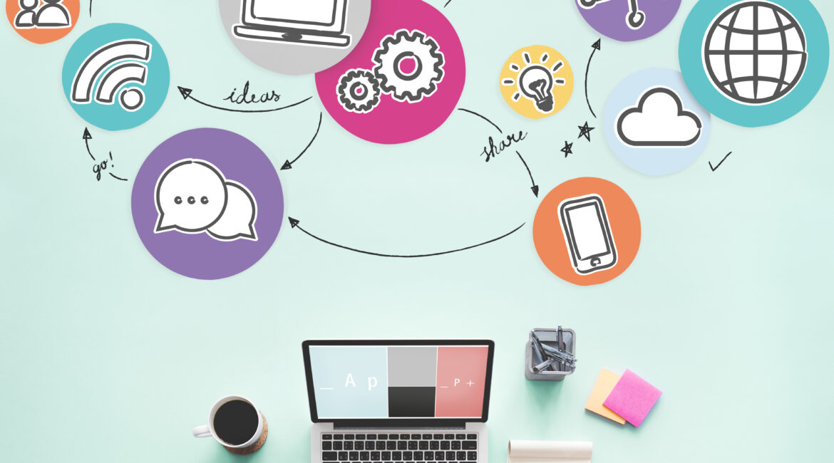 Aerial view of woman working on social media