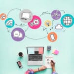 Aerial view of woman working on social media